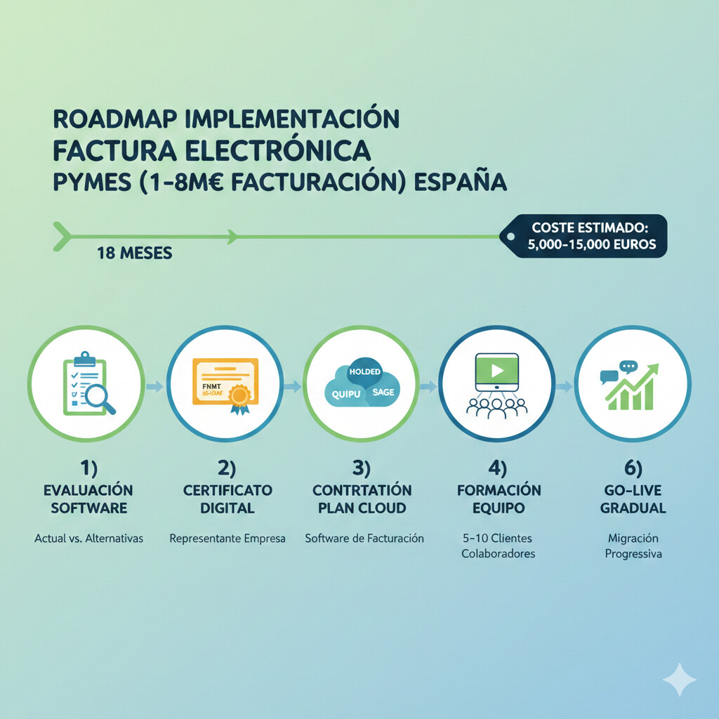 Infografía roadmap PYMEs con facturación entre 1 y 8 millones de euros: 6 fases desde evaluación software hasta implementación gradual, timeline 18 meses, coste estimado 5,000-15,000 euros, con iconos de software cloud, formación, y migración