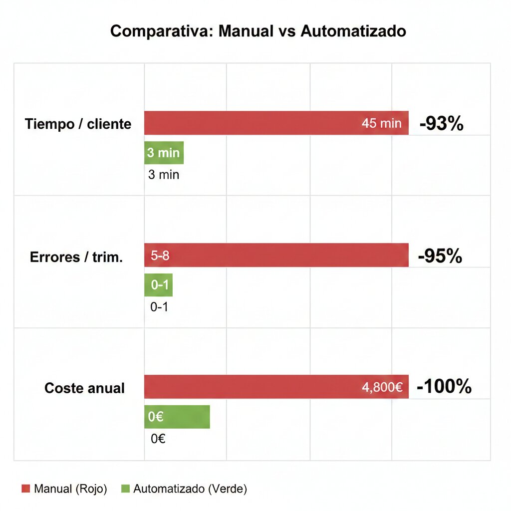 Gráfico ROI automatización Modelo 303 gestoría Madrid: ahorro tiempo 9600 euros año más ahorro sanciones 4800 euros año menos coste software 2400 euros año igual ahorro neto 12000 euros año, ROI 500 por ciento, breakeven 2 meses