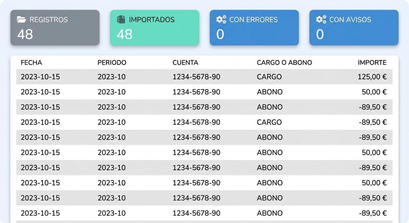 Ilustración de una pantalla de resultado de importación con recuadros de registros, importados, con errores y con avisos y una tabla de previsualización