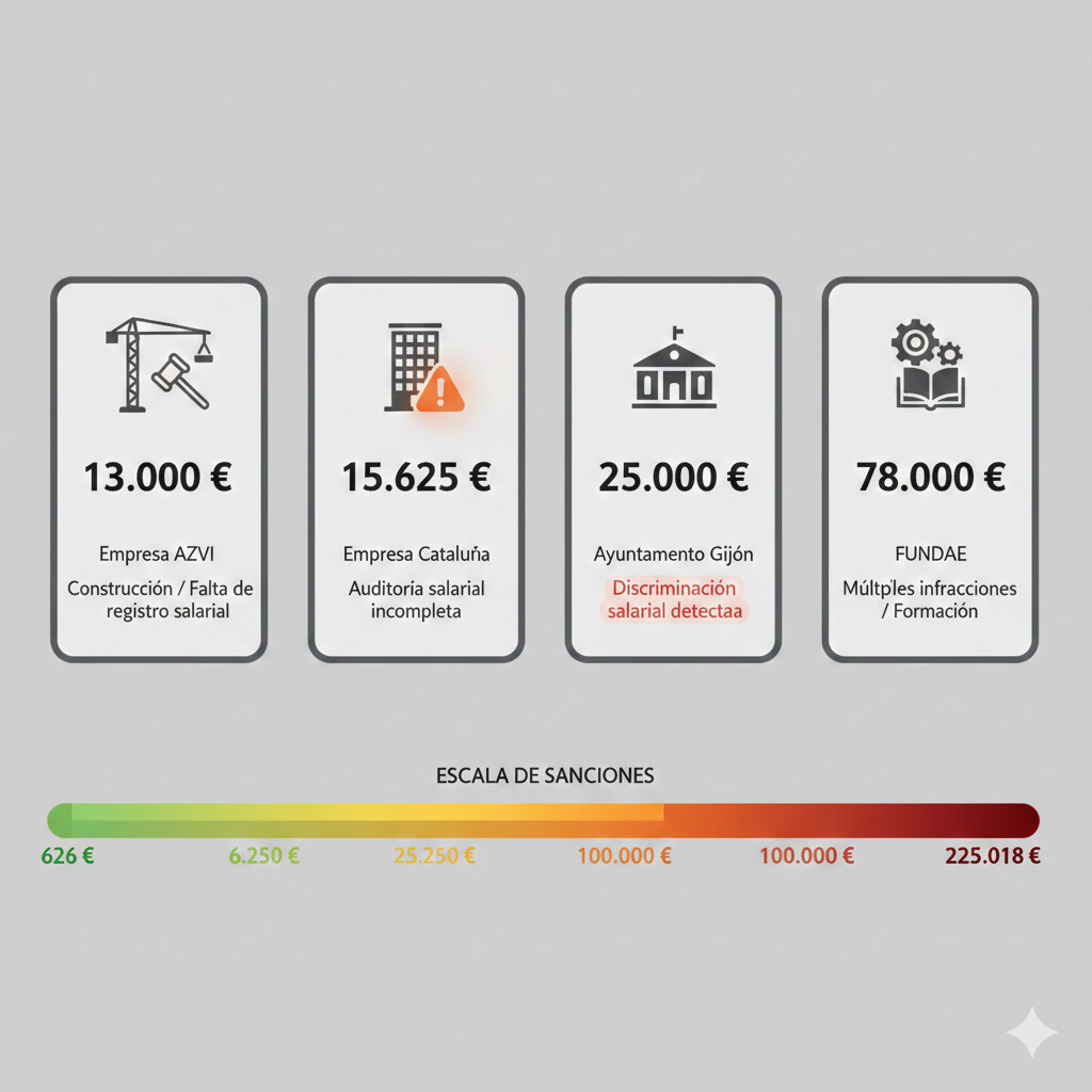 Casos reales sanciones Inspección Trabajo transparencia salarial: AZVI 13000 euros, empresa Cataluña 15625 euros, Ayuntamiento Gijón 25000 euros, Fundae 78000 euros, tabla infracciones leves graves muy graves 626 a 225018 euros según LISOS