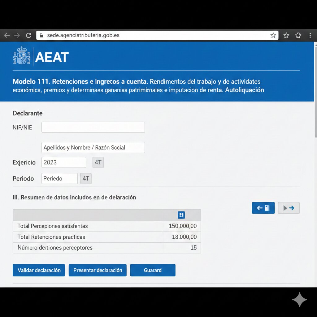 Screenshot Sede Electrónica AEAT 2025 presentación Modelo 111: casillas 01-12 anotadas, campo identificación NIF, periodo devengo trimestral, liquidación retenciones trabajo y profesionales