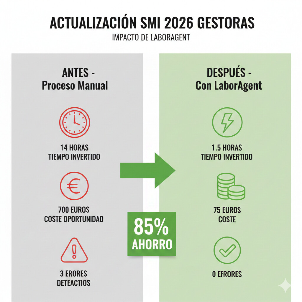 Comparativa visual antes y después de implementar LaborAgent en Gestoría XYZ para actualización SMI 2026, mostrando dos columnas con métricas: antes proceso manual 14 horas tiempo invertido 700 euros coste oportunidad 3 errores detectados, después con LaborAgent 1.5 horas 75 euros coste 0 errores, ahorro del 85% destacado con flecha verde