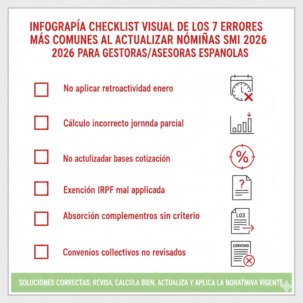 Checklist visual de los 7 errores comunes al actualizar nóminas SMI 2026 para gestorías, con iconos de alerta y checkboxes: no aplicar retroactividad enero, cálculo incorrecto jornada parcial, no actualizar bases cotización, exención IRPF mal aplicada, absorción complementos sin criterio, liquidación L03 atrasos incorrecta, convenios colectivos no revisados