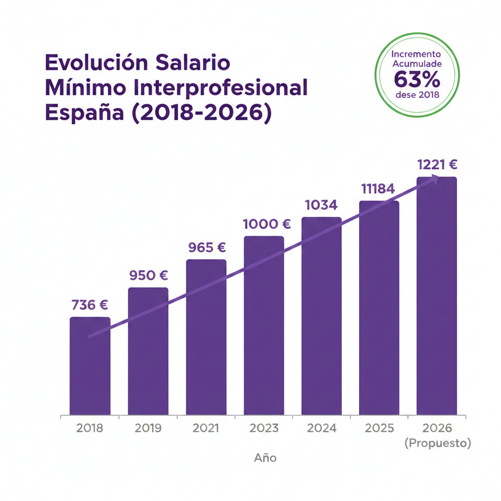 Gráfico evolución SMI España 2018-2026 mostrando incremento del 63% desde 736 euros en 2018 hasta 1.221 euros propuestos para 2026, con barras verticales por año y línea de tendencia ascendente