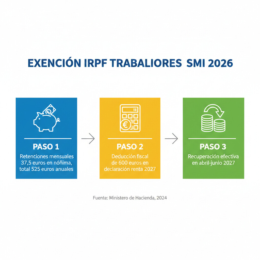 Infografía explicando el mecanismo de exención de IRPF para SMI 2026: retenciones mensuales de 37.5 euros en nómina, total 525 euros anuales, recuperación mediante deducción de 600 euros en declaración renta 2027, con iconos de nómina, calendario fiscal y devolución de dinero