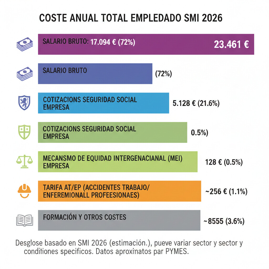 Infografía mostrando desglose completo del coste anual de un empleado con SMI 2026 para pymes: salario bruto 17.094 euros, cotizaciones Seguridad Social empresa 30% aproximadamente 5.128 euros, MEI 0.75% empresa 128 euros, tarifa AT/EP variable según sector 100-300 euros, total coste empleador 22.450-23.750 euros anuales, con iconos de calculadora y gráfico de barras