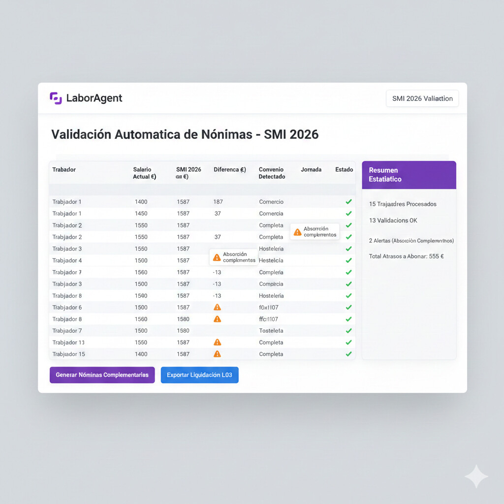 Captura de pantalla del dashboard de LaborAgent mostrando interfaz de validación automática de nóminas SMI 2026 con lista de trabajadores afectados, convenios detectados, estado de validación con iconos de check verde, resumen de atrasos a abonar y botones de acción para generar nóminas complementarias y liquidación L03