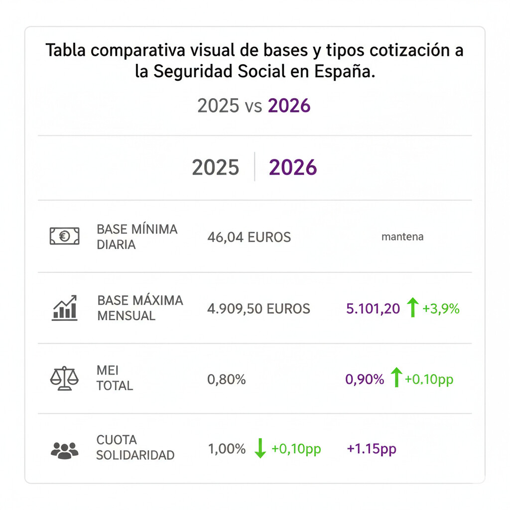 Tabla comparativa bases y tipos de cotización a la Seguridad Social 2025 vs 2026, mostrando base mínima 46.04 euros diarios, base máxima incremento de 4909.50 a 5101.20 euros mensuales, MEI aumento de 0.80% a 0.90%, cuota solidaridad nuevas tranches 1.15%-1.46%, y tarifa AT/EP según CNAE-2025