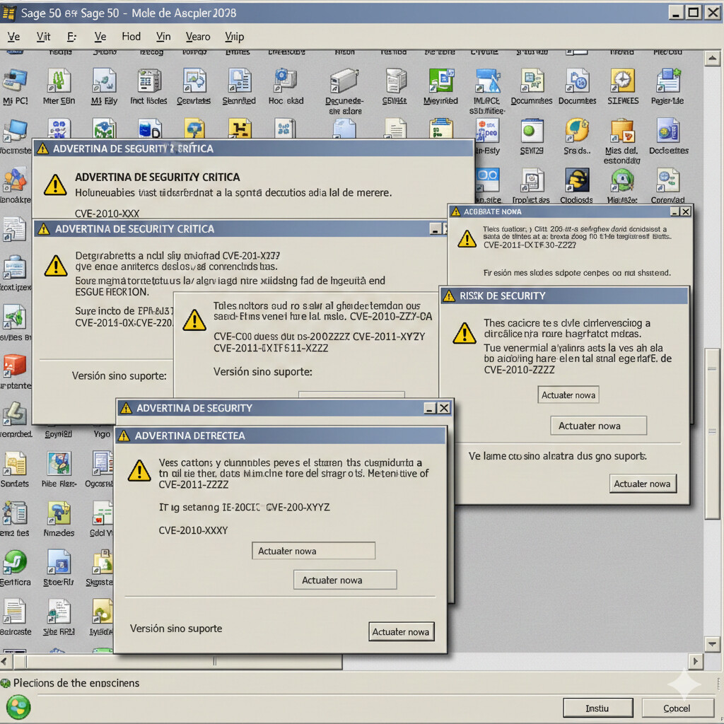 Interfaz anticuada de software contable Sage 50 versión antigua con ventanas de alerta mostrando vulnerabilidades fallo de seguridad y advertencias de seguridad, estilo captura de pantalla profesional con overlay de iconos de peligro