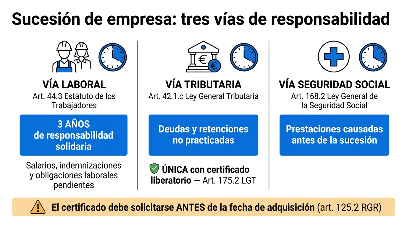 Tu Cliente Compra un Negocio y Hereda las Deudas: los 3 Relojes de la Sucesion de Empresa 2026 (Art. 44.3 ET, Art. 42.1.c LGT y Art. 168.2 LGSS) — el Certificado del Art. 175.2 que Casi Nadie Pide