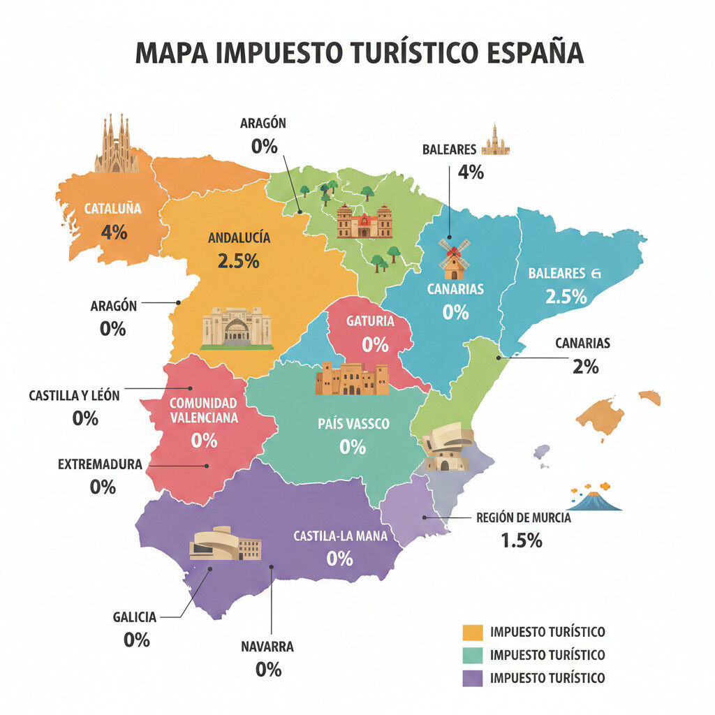 Tabla visual comparativa 17 comunidades autónomas España con tipos impuesto turístico 2025, gradiente colores según rango tarifario, diseño profesional infografía