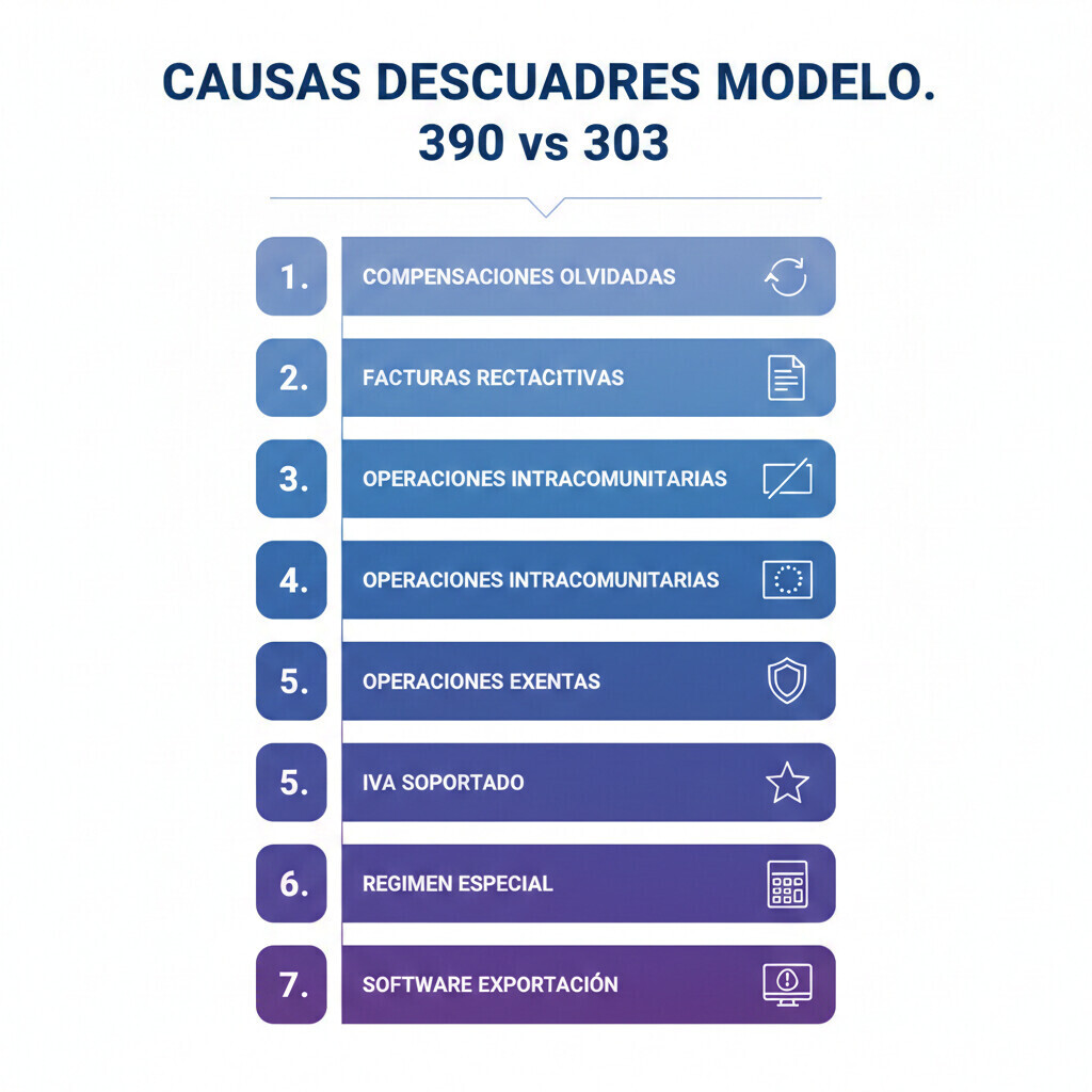 Tabla visual comparativa casillas 85, 97, 662 y 86 del modelo 303 y 390 mostrando diferencias cuando usar cada una con ejemplos numéricos