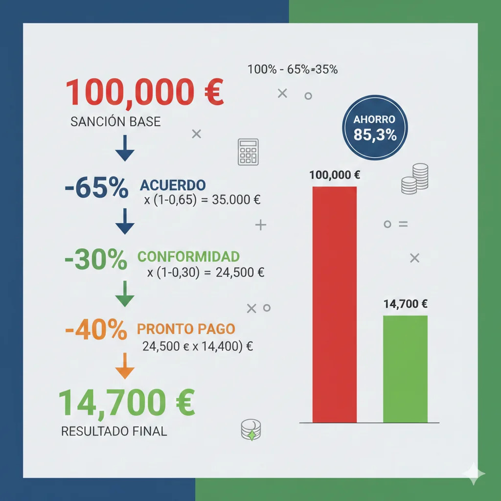 Tabla visual detallada mostrando el cálculo de reducciones de sanciones AEAT acumulables: ejemplo práctico con sanción base 100.000€ reducida paso a paso aplicando 65% acuerdo, 30% conformidad y 40% pronto pago, con fórmulas matemáticas y resultado final de ahorro del 77%, incluyendo comparativa sin reducciones vs con reducciones máximas