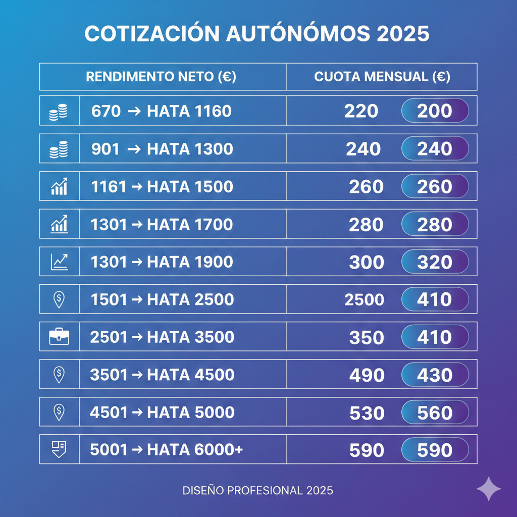 Infografía tabla completa 15 tramos cotización autónomos 2025 con rendimientos netos, bases y cuotas por tramo