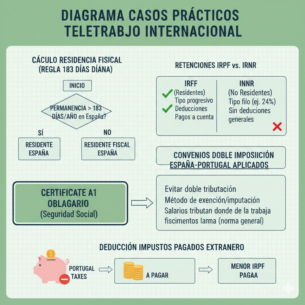 Diagrama casos prácticos teletrabajo internacional mostrando flujo cálculo residencia fiscal 183 días, retenciones IRPF vs IRNR, certificado A1 obligatorio, convenios doble imposición España-Portugal, deducción impuestos pagados extranjero