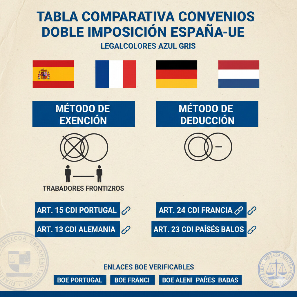 Tabla comparativa convenios doble imposición España-UE mostrando método exención Alemania vs deducción Portugal Francia Países Bajos, trabajadores fronterizos, artículos específicos CDI, enlaces BOE verificables