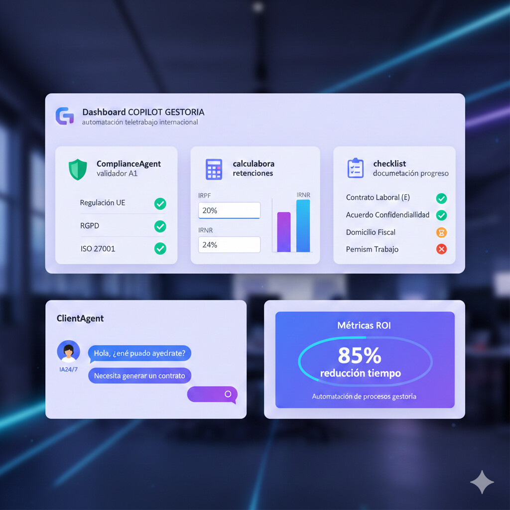 Dashboard CopilotGestoria mostrando automatización teletrabajo internacional con ComplianceAgent validador A1, TaxAgent calculadora retenciones IRPF IRNR, DocumentAgent checklist documentación, ClientAgent chat IA 24/7, métricas ROI 85% reducción tiempo