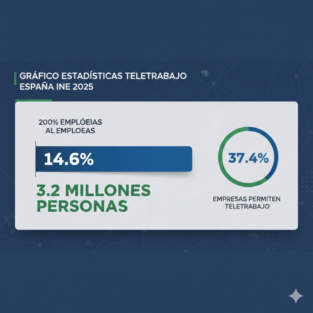 Gráfico estadísticas teletrabajo España INE 2025 mostrando 14.6% empleados teletrabajan regularmente, 3.2 millones personas, 37.4% empresas con más de 10 empleados permite teletrabajo