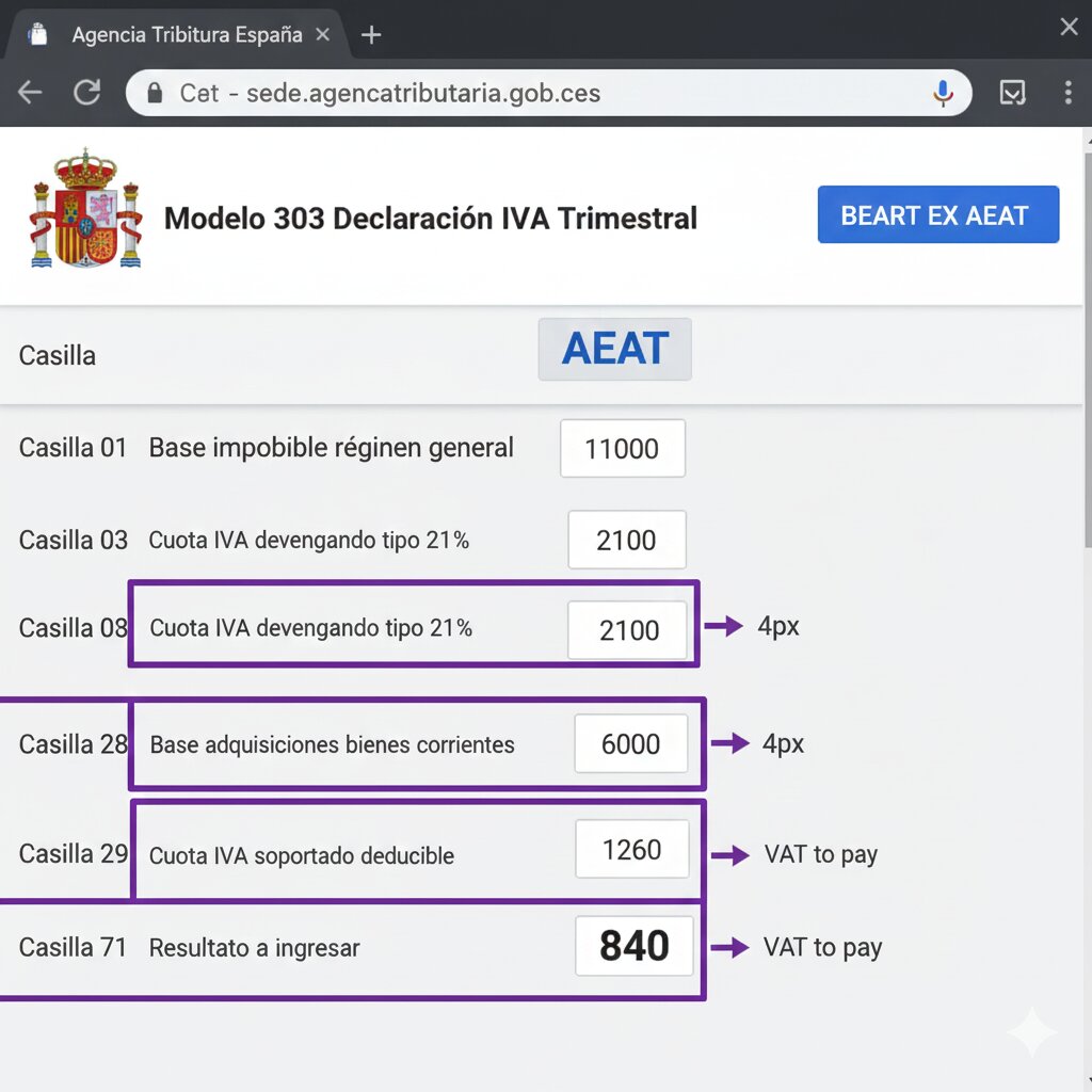 Captura pantalla formulario modelo 303 AEAT con casillas 01 03 28 29 71 resaltadas para ventas TikTok Shop