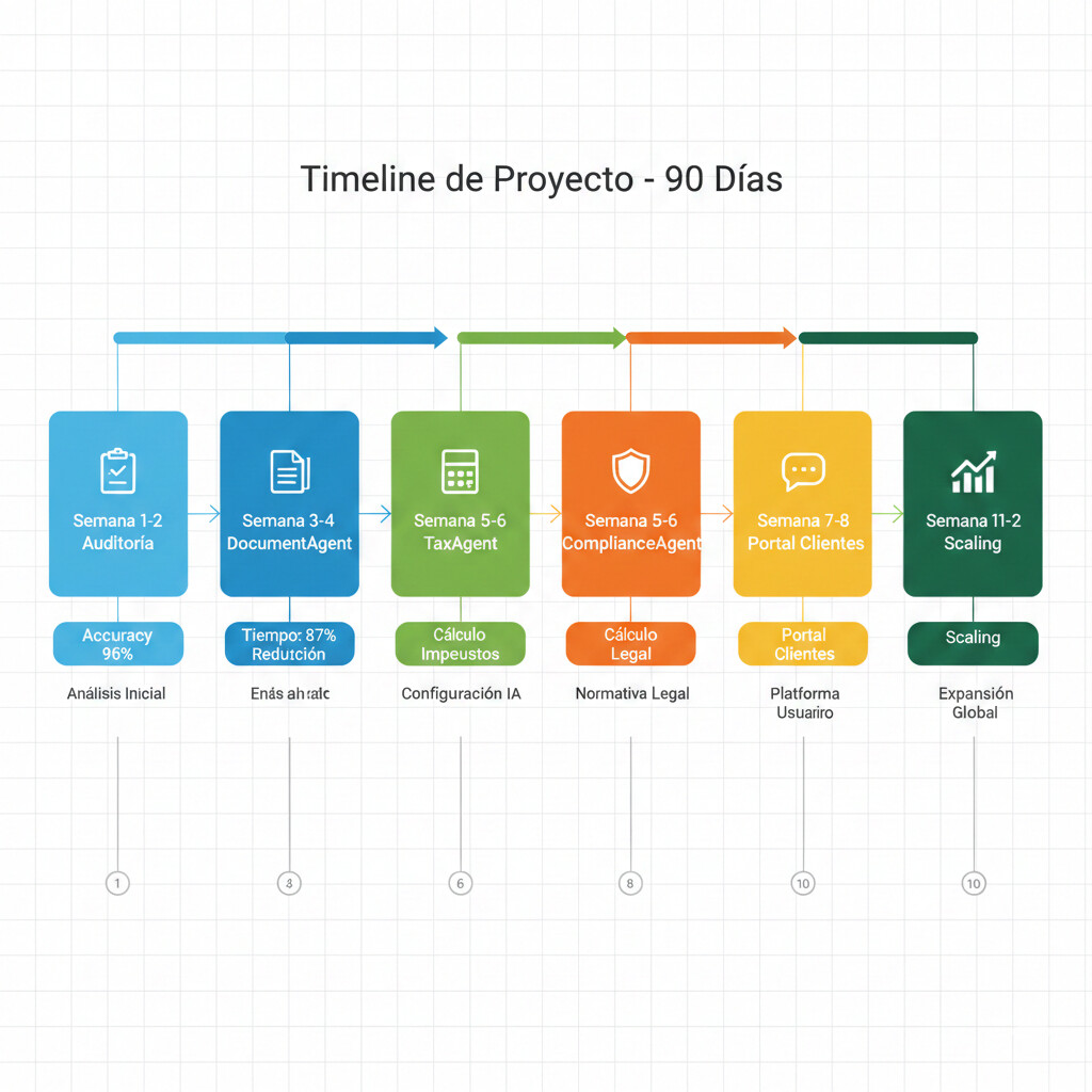 Diagrama con los cinco pasos para implementar un portal de cliente digital en una gestoría: auditoría, selección, migración, formación y medición