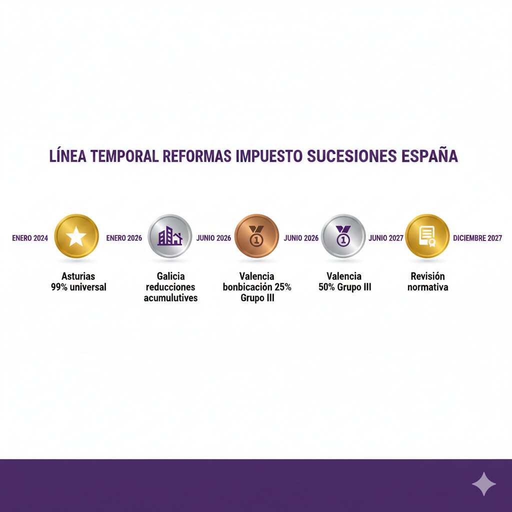 Línea temporal mostrando los hitos clave de las reformas del Impuesto de Sucesiones en 2026: entrada en vigor de la Ley 5/2025 Valencia, bonificaciones progresivas y reforma Galicia