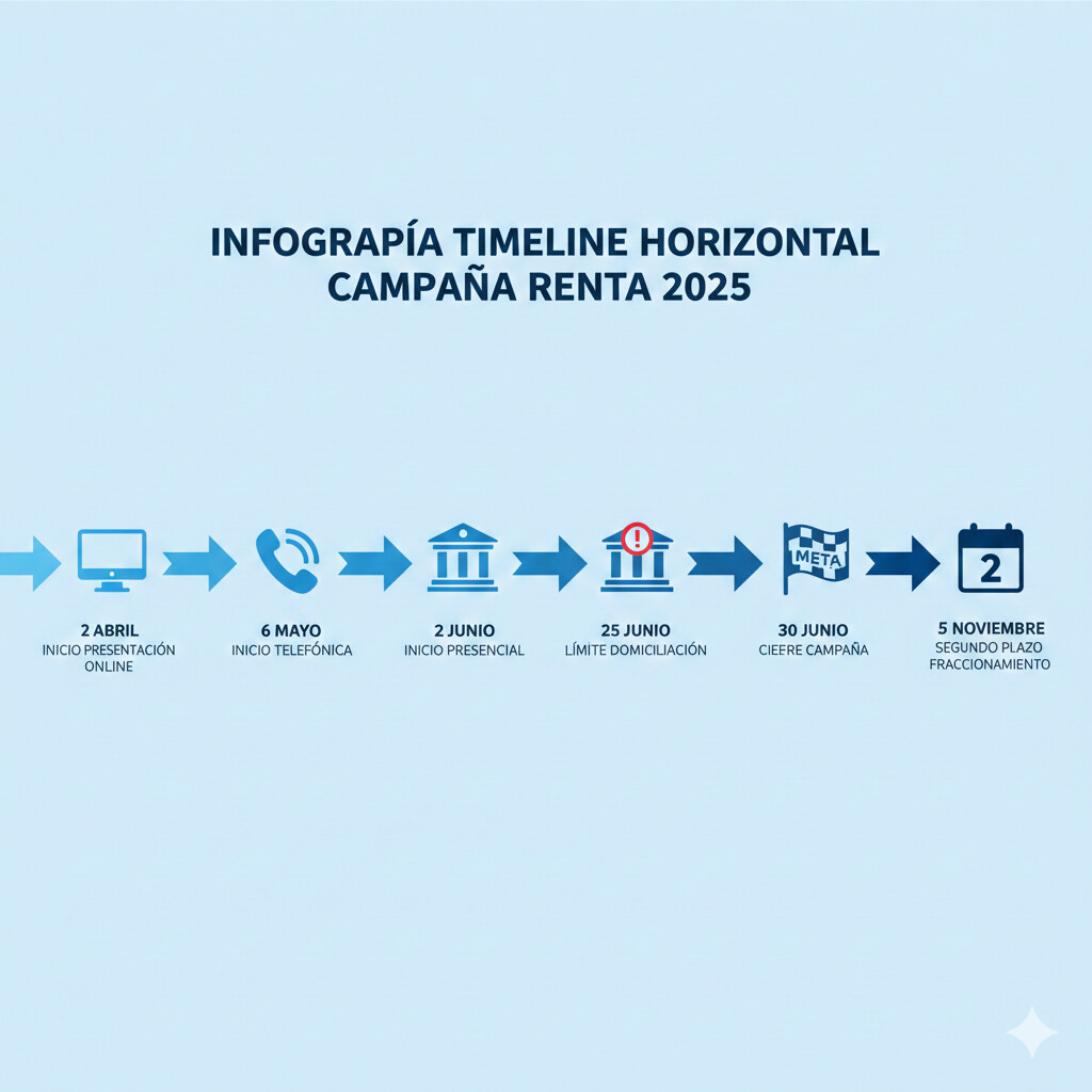 Infografía timeline horizontal campaña renta 2025 con hitos: 2 abril inicio, 6 mayo telefónica, 2 junio presencial, 25 junio domiciliación, 30 junio cierre, 5 noviembre segundo plazo