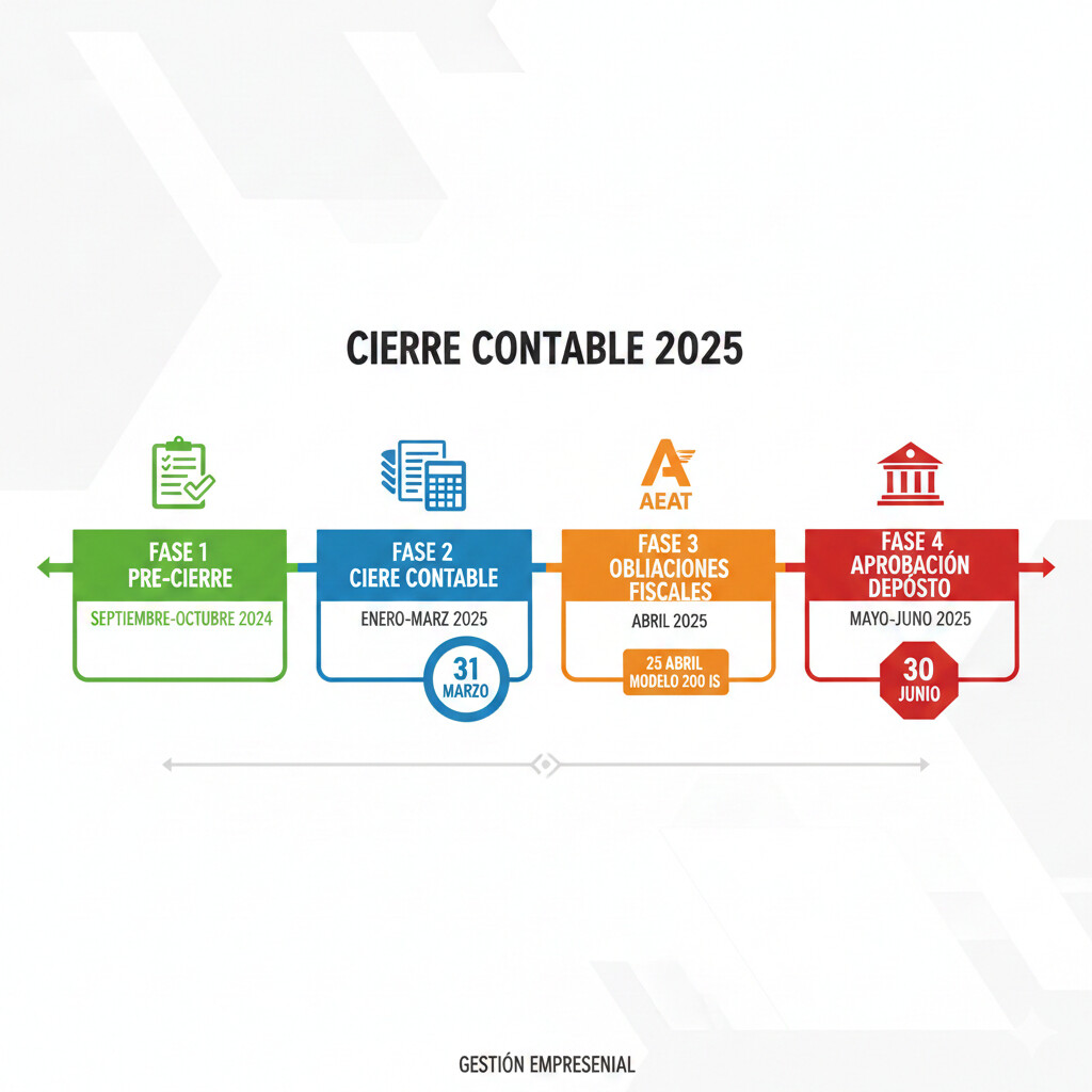 Infografía timeline del cierre contable 2025 con 4 fases y fechas límite críticas desde septiembre 2024 hasta junio 2025 incluyendo formulación cuentas 31 marzo, modelo 200 IS 25 abril y depósito registro mercantil 30 junio