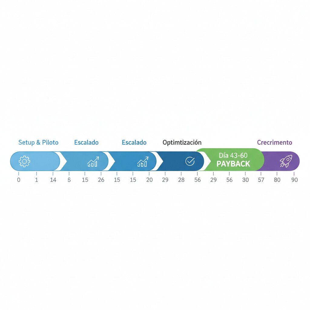 Timeline visual de implementación en 90 días: Semana 1-2 setup y piloto, Semana 3-4 escalado, Semana 5-8 optimización, Día 43-60 payback, Día 90 full automatización