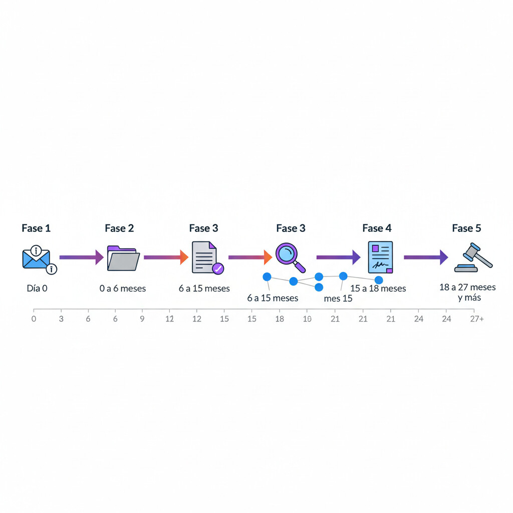 Diagrama de flujo visual mostrando las 5 fases críticas de una inspección de Hacienda con duración de 18-27 meses: Fase 1 Notificación inicial (día 0), Fase 2 Recopilación documentación (0-6 meses), Fase 3 Desarrollo inspección (6-15 meses), Fase 4 Acta conformidad o disconformidad (mes 15-18), Fase 5 Recursos y alegaciones (mes 18-27), con hitos clave, plazos legales y puntos de decisión destacados en timeline horizontal