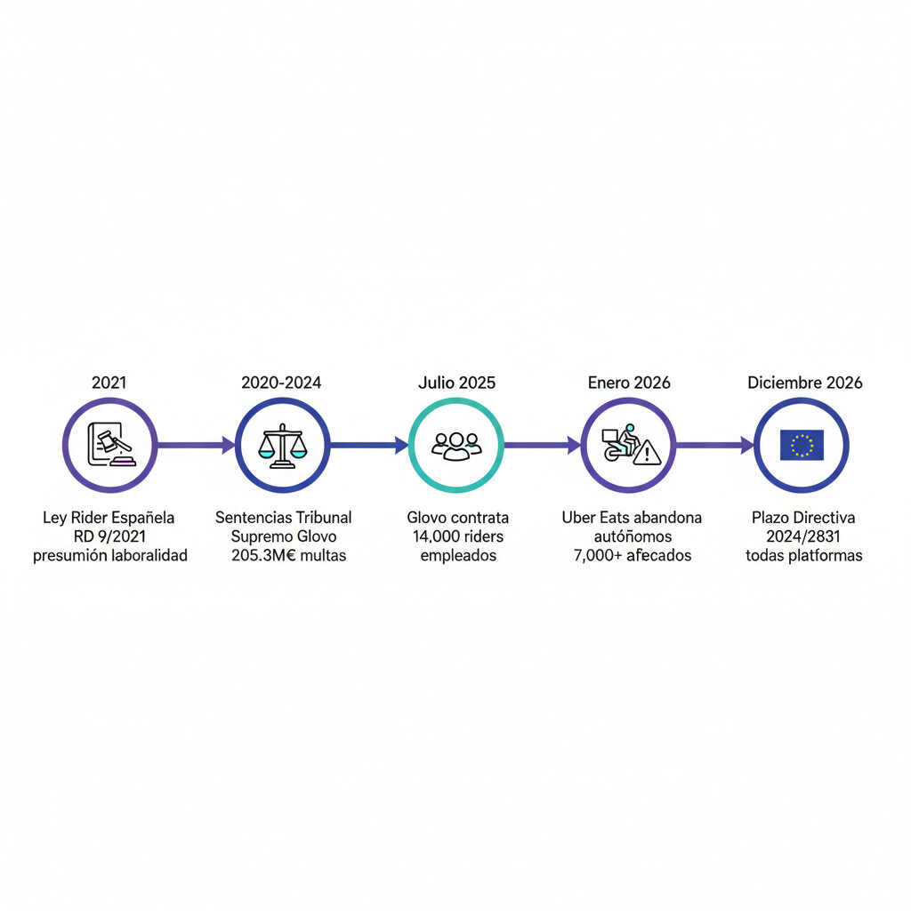 Timeline evolución Ley Rider en España desde 2021 hasta 2026: Ley Rider española, sentencias Glovo, contratación masiva y Directiva Europea 2024/2831 con plazo diciembre 2026