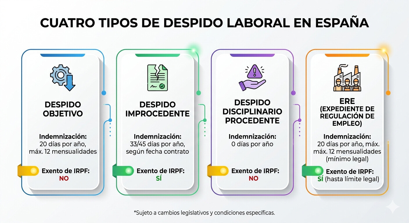 Tabla comparativa de tipos de despido, indemnización legal y tributación IRPF en España 2026