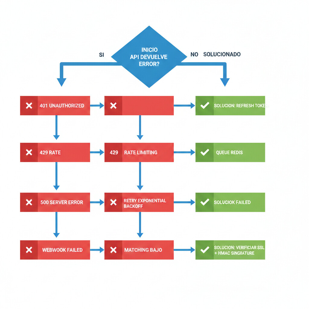 Diagrama flowchart troubleshooting errores comunes conexiones bancarias seguras: decisiones IF/ELSE para diagnosticar problemas token expiration, notificación automáticas, límites de uso, matching, con soluciones claras
