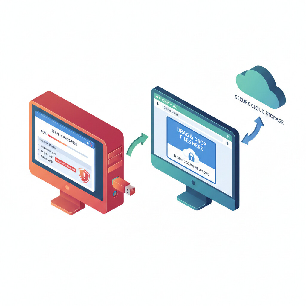 Ilustración de memoria USB siendo conectada a ordenador de gestoría con overlay de alerta de virus detectado, archivos maliciosos siendo escaneados, y flujo alternativo de portal web seguro para upload de documentos, estilo diagrama técnico profesional