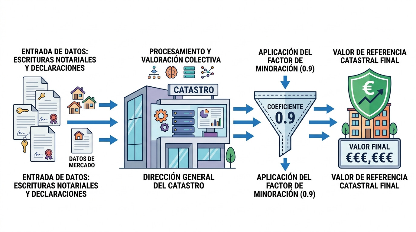 Diagrama de cálculo del valor de referencia catastral - datos notariales, factor minoración 0.9, características inmueble