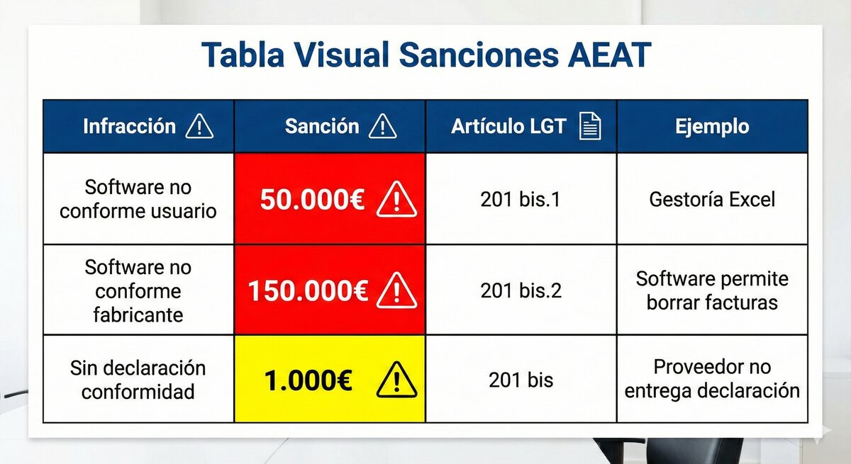 Tabla sanciones AEAT VERIFACTU: 50.000 euros usuarios software no conforme Art 201 bis.1 LGT, 150.000 euros fabricantes distribuidores software no conforme Art 201 bis.2, 1.000 euros por sistema sin declaración responsable, ejemplos casos reales multas gestoría Excel restaurante QR defectuoso