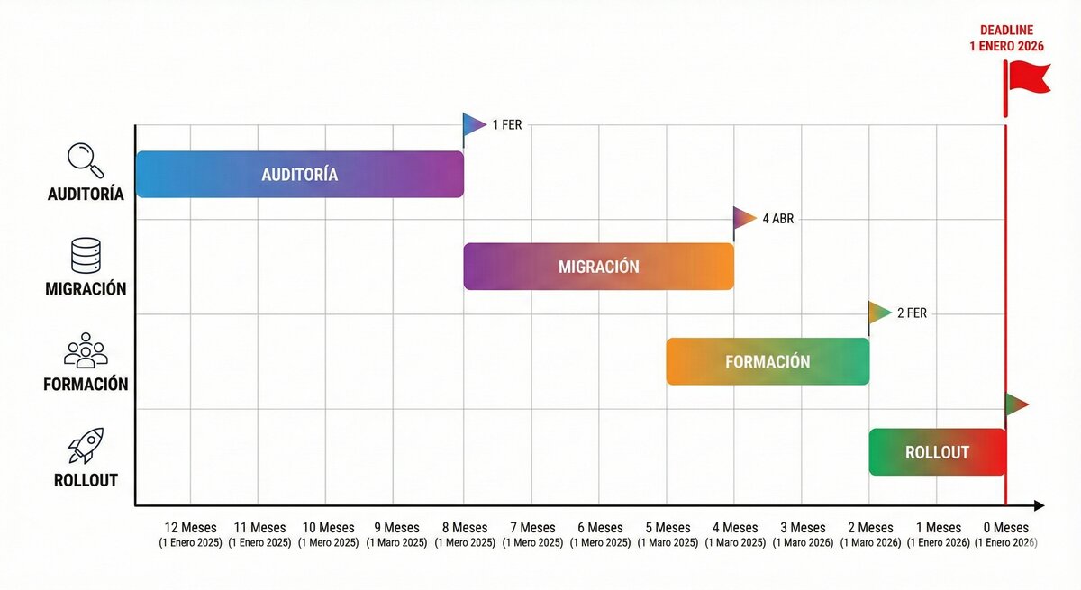 Diagrama Gantt timeline 12 meses implementación VERIFACTU gestorías: Fase 1 meses 12-9 auditoría decisión software, Fase 2 meses 9-6 migración datos configuración, Fase 3 meses 6-3 formación testing piloto, Fase 4 meses 3-0 rollout comunicación clientes, milestones críticos marcados deadline 1 enero 2027